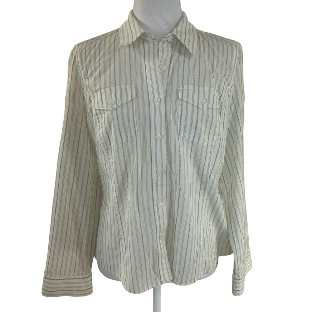 Jones New York Sport Green Striped Shirt 100% Cotton Womans PM
